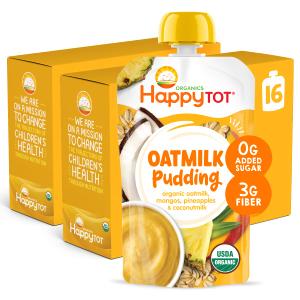 Happy Tot Organics Oatmilk Pudding, Dairy-Free, Stage 4 Toddler Snack, Oatmilk, Mangos, Pineapples & Coconutmilk, 4 Ounce Pouch, Pack of 16 (BB: October 12, 2025)