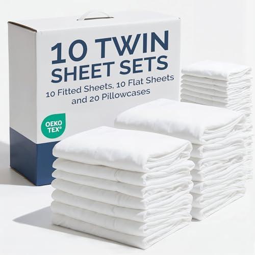 Bulk Case Pack of 10 Sheet Sets - Complete 4 Piece Sheet Sets - Bulk Twin XL Bedding - Wholesale Case Pack for Hotel, Spa & Airbnbs - Deep Pocket & Wrinkle Free - Cooling & Breathable - Twin XL, White
