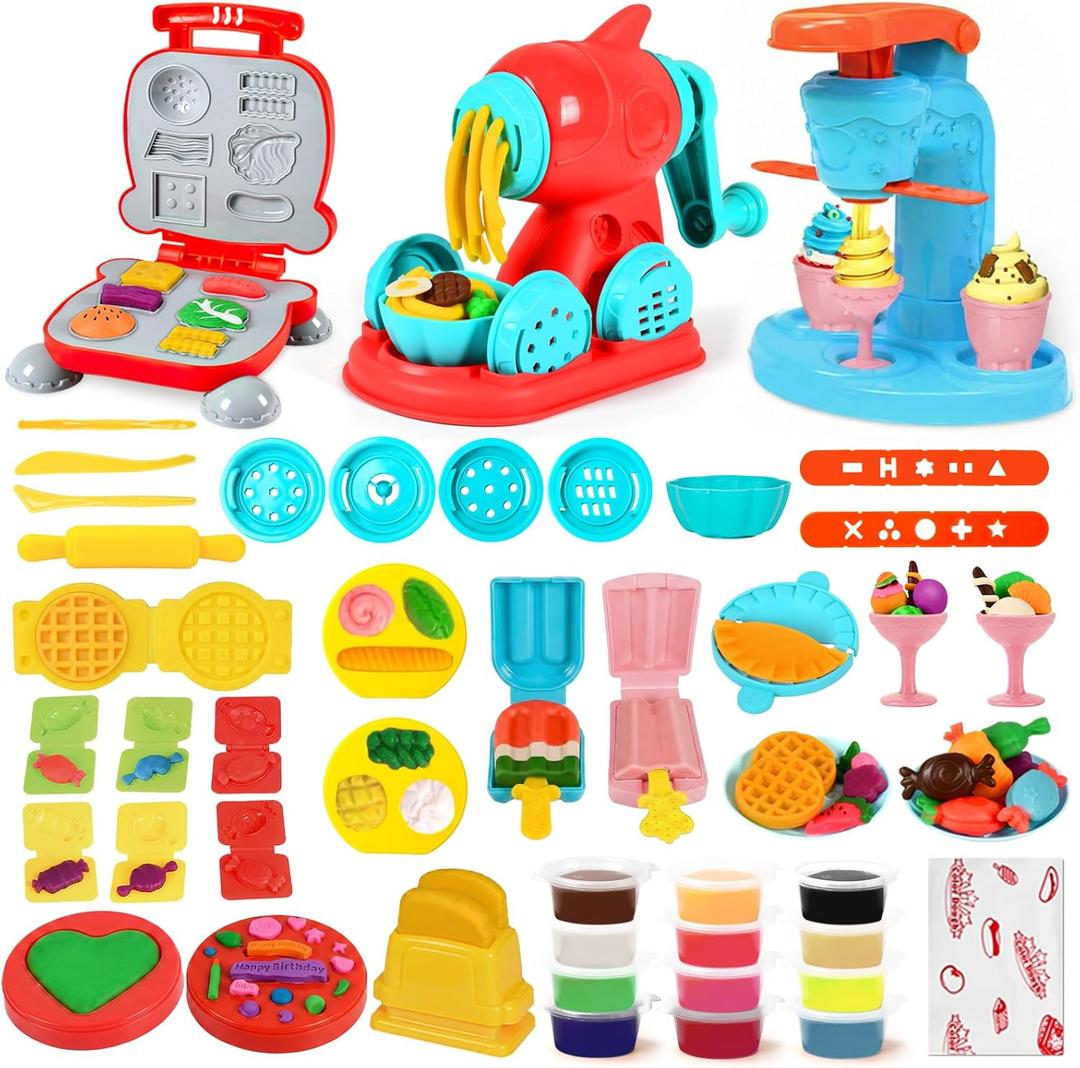 3 in 1 Dough Sets 59 PCS for Kids Ages 4-8, Dough Tools Kit with Ice Cream Noodle Hamburger Maker Machine, Kitchen Creations Art Crafts Food Play Toys for Boys Girls Kids Toddlers Ages 3+