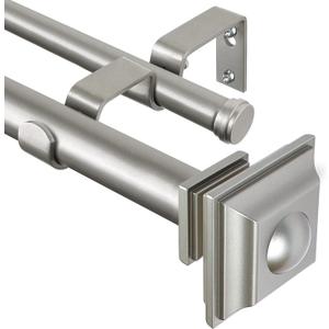 KAMANINA 1 Inch Double Curtain Rods 36 to 72 Inches (3-6 Feet) Telescoping Dark Silver Curtain Rod for Windows 24 to 68 Inches, Heavy Duty Drapery Rods with Square Finials, Antique Silver, 36-72"