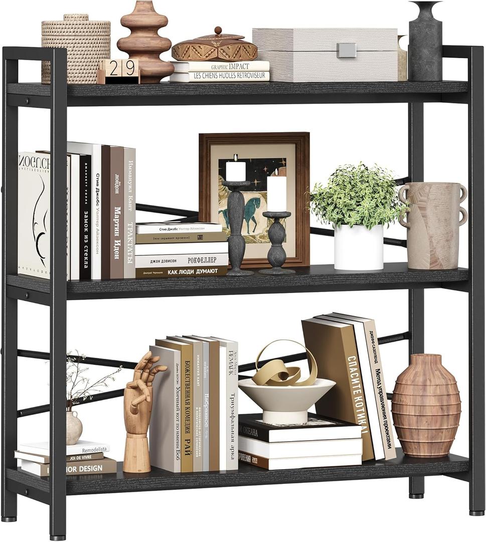 Book Shelf, 3 Tier Bookshelf 31.49" Width, Book Shelf Storage and Organization, Wooden and Metal Industrial Bookcase, Large Book Shelves for Home Living Room Bedroom Office Storage(Black)