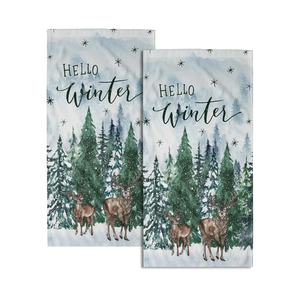 Winter Forest Deer Hand Towels Hello Winter Hand Towels for Bathroom Winter Pine Tree Fingertip Towels Set of 2 Christmas Trees Face Towels Soft Hand Bath Towel Decorations for Home Spa Gym 14”x28”