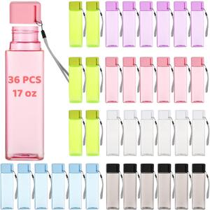 OMISTAR 36 PCS Water Bottles Bulk, 17 oz Colorful Plastic Water Bottles, Reusable Leak Proof Portable Water Bottle With Handle Strap for School Classroom Travel Camping Cycling Fitness (6 Colors)