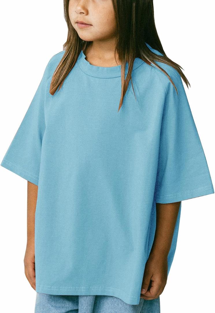 Girls Raglan Short Sleeve T Shirts Kid Oversized Crewneck Summer Tops Tee (Blue)