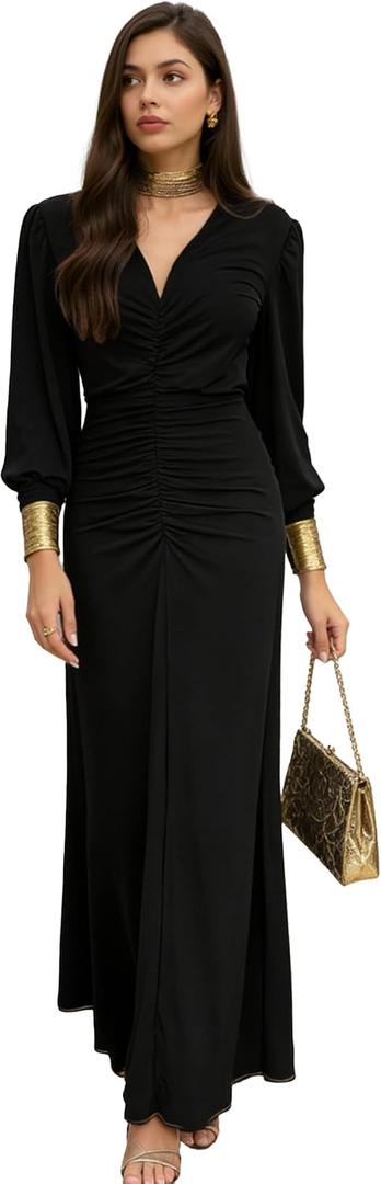 Womens V-Neck Long Sleeve Ruched Bodycon Dress Elegant Formal Cocktail Party Evening Maxi Dresses (Black, M)