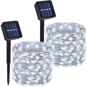 2 Pack Total 200 LED 66FT Solar Powered Copper Wire String Lights Outdoor, Waterproof, 8 Modes Fairy Lights for Garden, Patio, Party, Yard, Christmas (White)