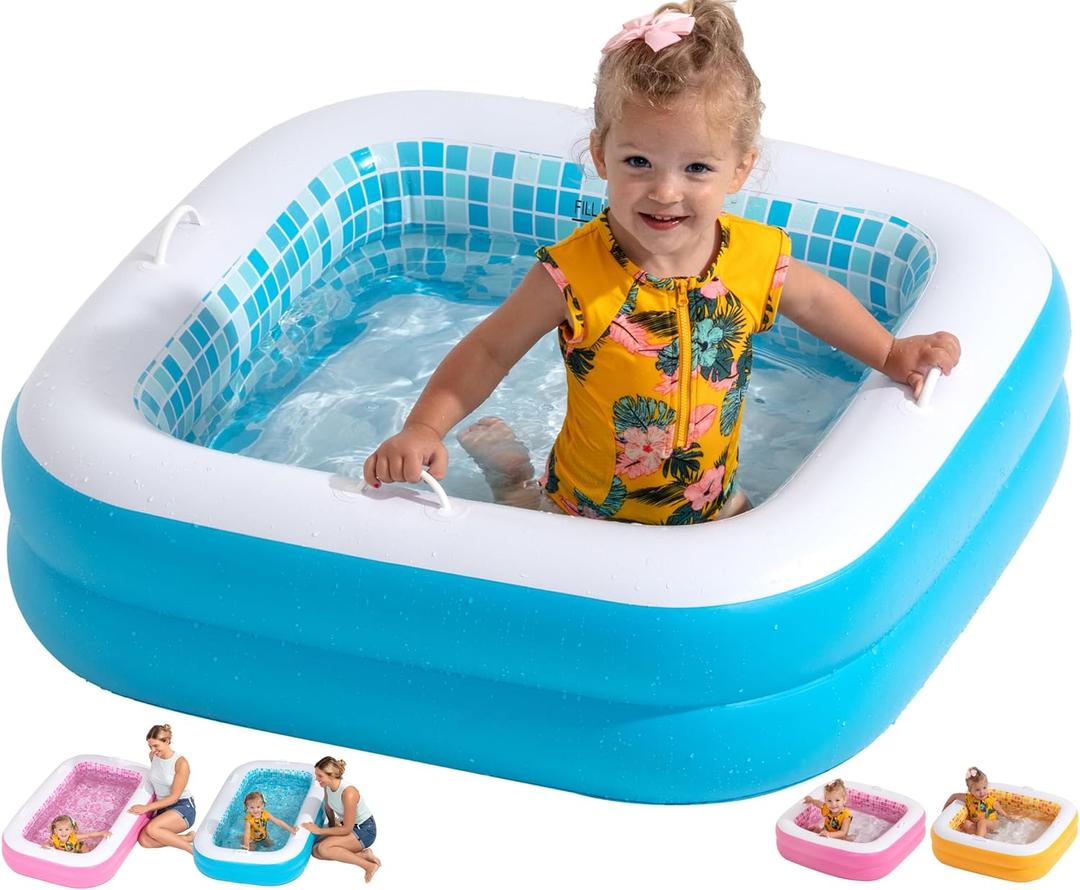 Inflatable Baby Pool for Toddlers 1-3 - Soft Floor, Handles & Drain - Small Kiddie Pool, Blow Up Bathtub & Ball Pit, Summer Outside Kid Water Toy Outdoor First Birthday Gift for Boys 1 2 3 Year Old (34" Square Summer Blue)