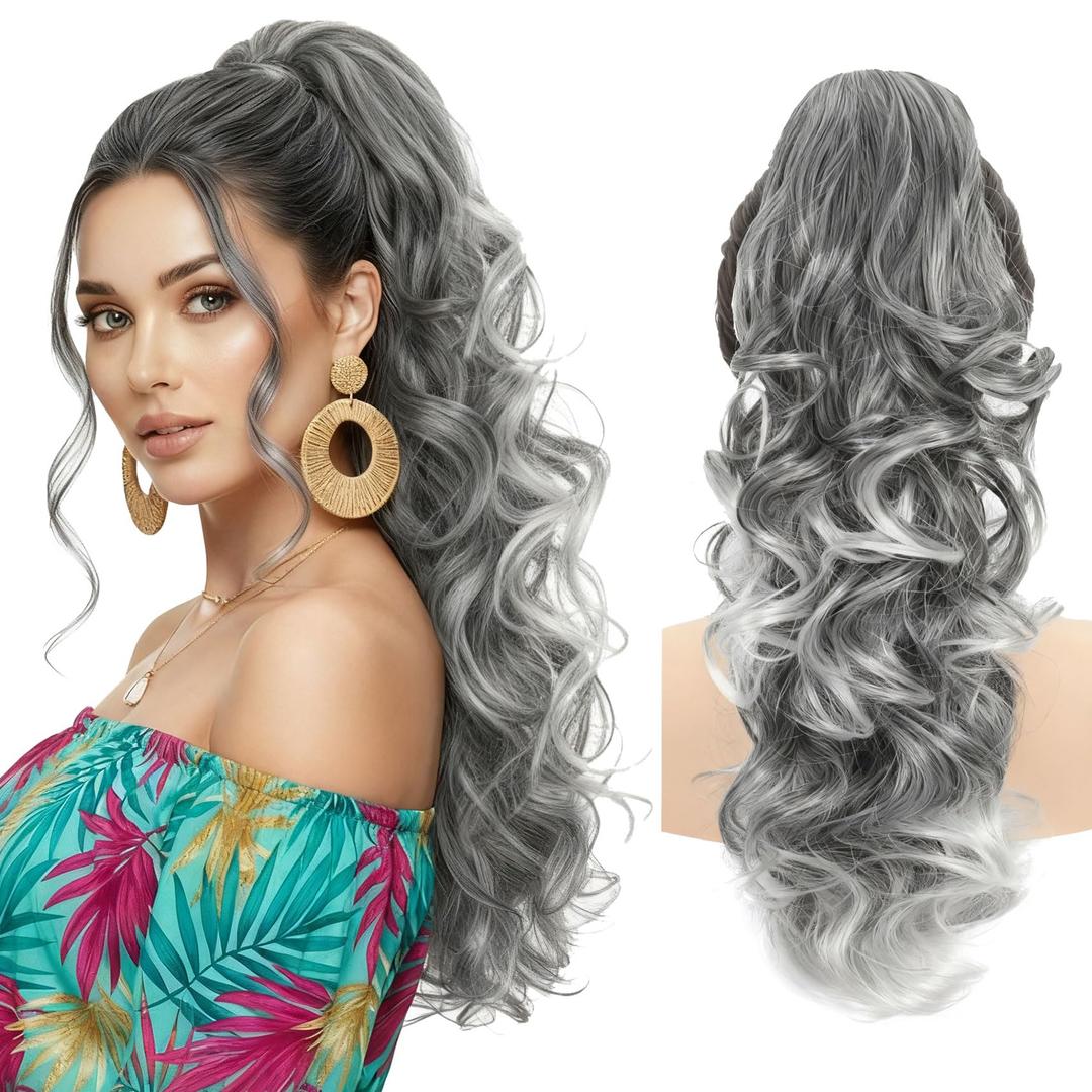 Claw Clip Grey White Ponytail Extension for Women Long Wavy Pony Tails Hair Extensions Fluffy Natural Looking 24 Inch hair extensions ponytail for Daily Use