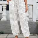 Womens Polka Dot Balloon Pants Elastic Waist Baggy Harem Pants Wide Leg Drawstring Comfy Trousers with Pockets (White, S)
