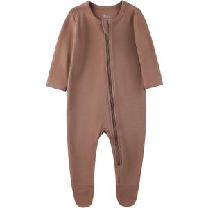 O2 BABY Baby Boys Girls Organic Cotton Zip Front Sleeper Pajamas, Footed Sleep 'n Play（3-6 Months, Brown）