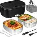 80W Electric Lunch Box Food Warmer for Car/Truck/Office, 110V/24V/12V Portable Heated Lunch Box for Adults, Dual 1.5L Stainless Steel Containers, Leak-Proof & Fast Heating, 3-in-1 Design