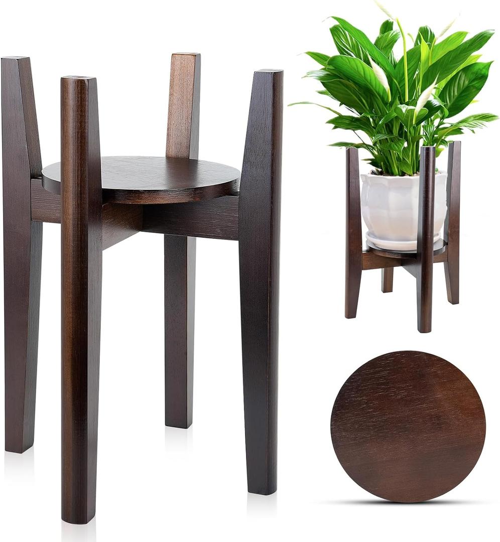 Adjustable Plant Stand with Tray,Indoor Wood Plant Stand Fit 8'' to 12'' Planter,Mid Century Modern Flower Pot Holder Rack(Plant and Pot Not Included) (Walnut)