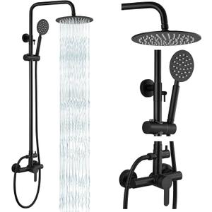 gotonovo SUS304 Outdoor Shower Fixtures High Pressure Rainfall Shower System Combo Wall Mount 2 Dual Function 8 Inch Shower Head and Round Handheld Spray Single Handle Shower Faucet Set Matte Black