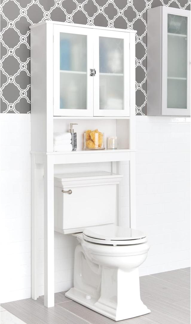 Zenna Home Over The Toilet Storage Cabinet, Wooden Bathroom Storage Organizer with Glass Doors and 3 Shelves, Bathroom Space Saver that Fits Above Toilet, White
