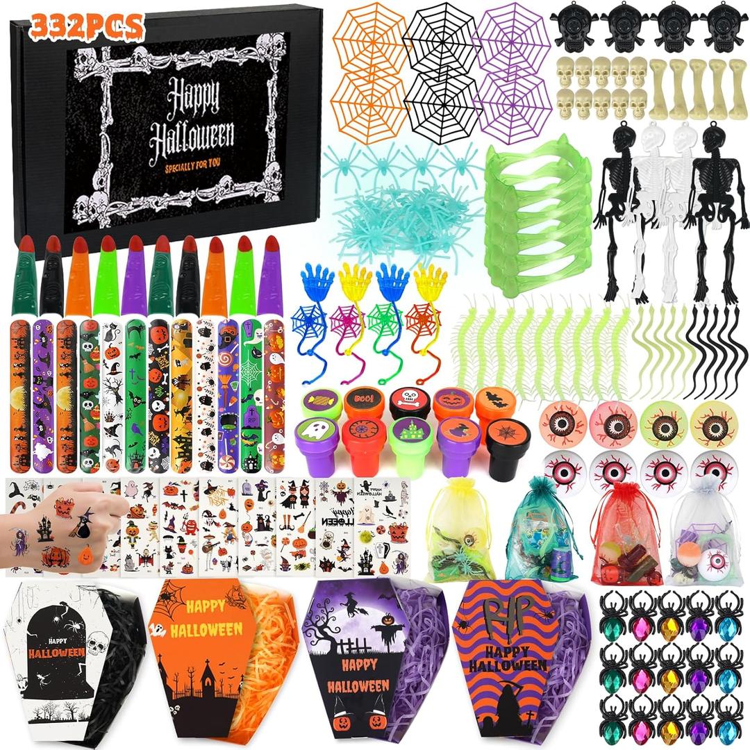 332 Pcs Halloween Party Favors for Kids, Coffin Treat Boxes Gifts Fillers Goodie Bags Stuffers Toys Bulk, Halloween Party Supplies Decorations Trick or Treat Treasure Box for Classroom Prizes