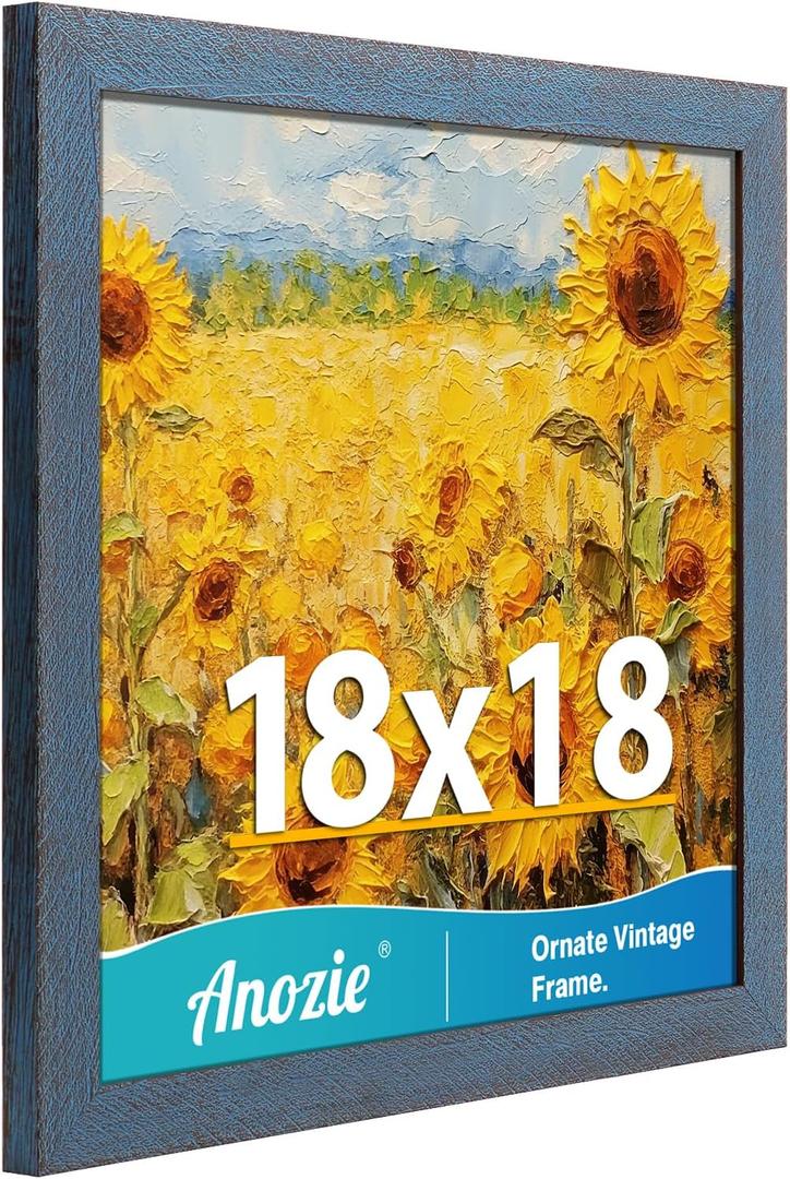 18x18 Frame, Vintage 18x18 Picture Frame Plexiglass for Wall Display, Square Rustic 18x 18 Poster Frame, Antique Blue Collage Gallery Wall Picture Frames, Widen Border