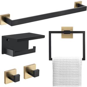 5 Pieces Bathroom Hardware Set Black and Gold Towel Bar Set, Toilet Paper Holder with Shelf, Towel Holder Set in Bathroom, Wall Mounted Stainless Steel, 23.6 Inches