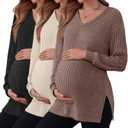 3 Pack Women's Ribbed Maternity Shirts, Long Sleeve V Neck Pregnancy Sweaters with Side Split Pregnant Clothes (Brown, Apricot, Black, M)