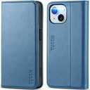 TUCCH Case for iPhone 15 Wallet Case 6.1", Kickstand PU Leather Folio Cover with RFID Blocking 3 Card Slots, Stand Book Design [Shockproof TPU Interior Case] Compatible with iPhone 15 2023, Light Blue