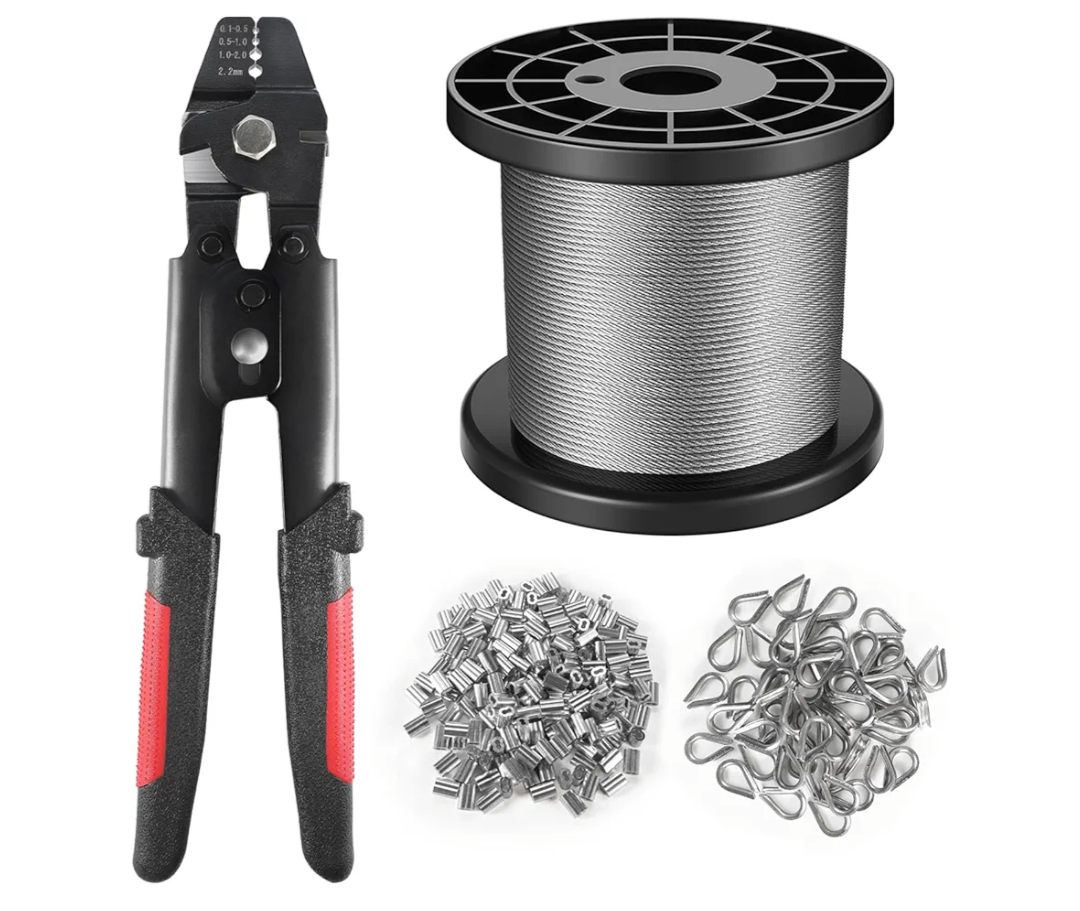 Wire Rope Crimping Tool Kit, 328FT Stainless Steel Cable with 200PCS 1/16” Aluminum Crimping Loop Sleeves and 50PCS Stainless Steel Thimbles