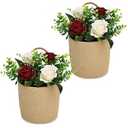 Nagobi Wall Hanging Rope Basket with Artificial Roses and Eucalyptus Farmhouse Decor, 2 Pack Jute Hanging Basket Flower Plants Rustic Wall Decor for Porch Living Room Entryway (Burgundy Champagne)