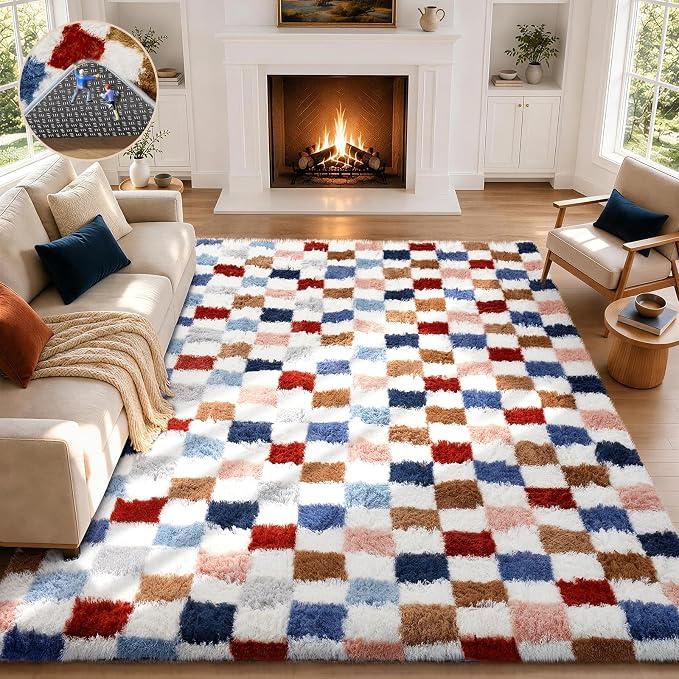 Ophanie Checkered Rainbow Rug for Living Room Bedroom,Colorful Fluffy Soft Cute Fuzzy Area Rugs,Shag Plush Shaggy Bedside Floor 8x10 Furry Carpet for Kids Teen Dorm Decor with Over 99 pcs Pile fibers