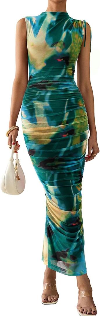 PRETTYGARDEN Women's Summer Maxi Floral Dresses Ruched Bodycon Sleeveless Mesh Formal Wedding Guest Cocktail Split Long Dress, Size: Small