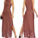 Aigeman Women Vintage Flapper Dresses 1920s Great Gatsby Halter Fringed Maxi Dress Tassels High Split Formal Dress 19(Small,Reddish Brown)