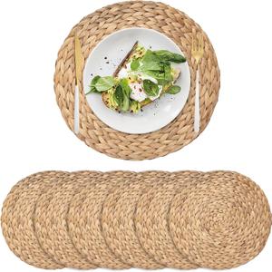 6 Pack Woven Placemats, Round Wicker Placemats, Rattan Place mats, Natural Hand-Woven Water Hyacinth Table Mats, Braided Straw Table Mats for Dining Table (13.8 inch)