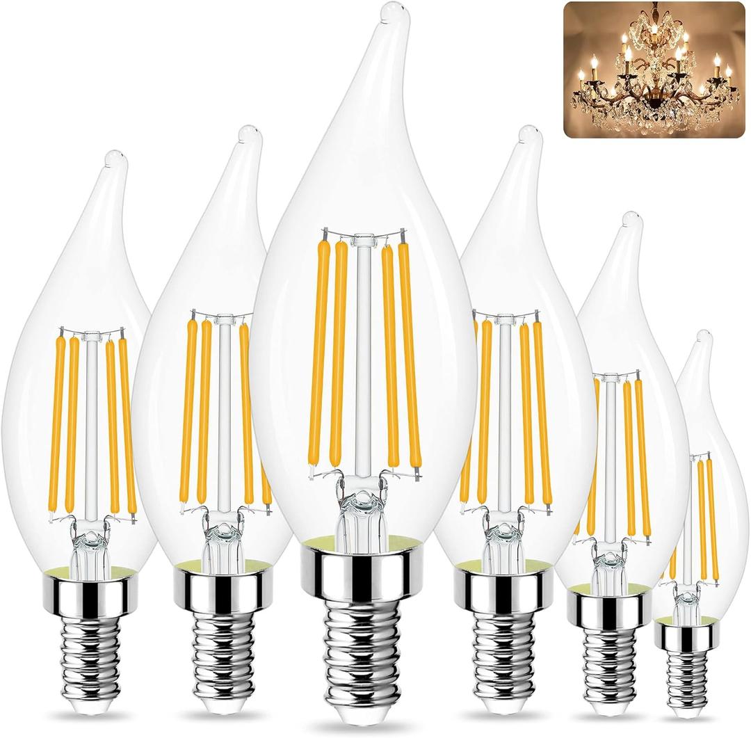 Sailstar E12 LED Candelabra Bulbs Dimmable, 60 Watt Equivalent 3000K Warm White Chandelier Light Bulbs, 4W Filament Candle LED Bulbs, Flame Tip, 500 Lumen, Pack of 6