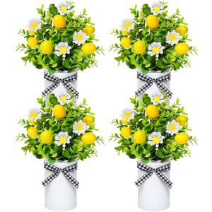 4 Pack Lemon Mason Jar Table Centerpiece, Artificial Lemon Home Centerpieces Fake Lemon Daisy Plants with Faux Leaves for Summer Wedding Farmhouse Office Kitchen Bathroom Dining Table Centerpiece