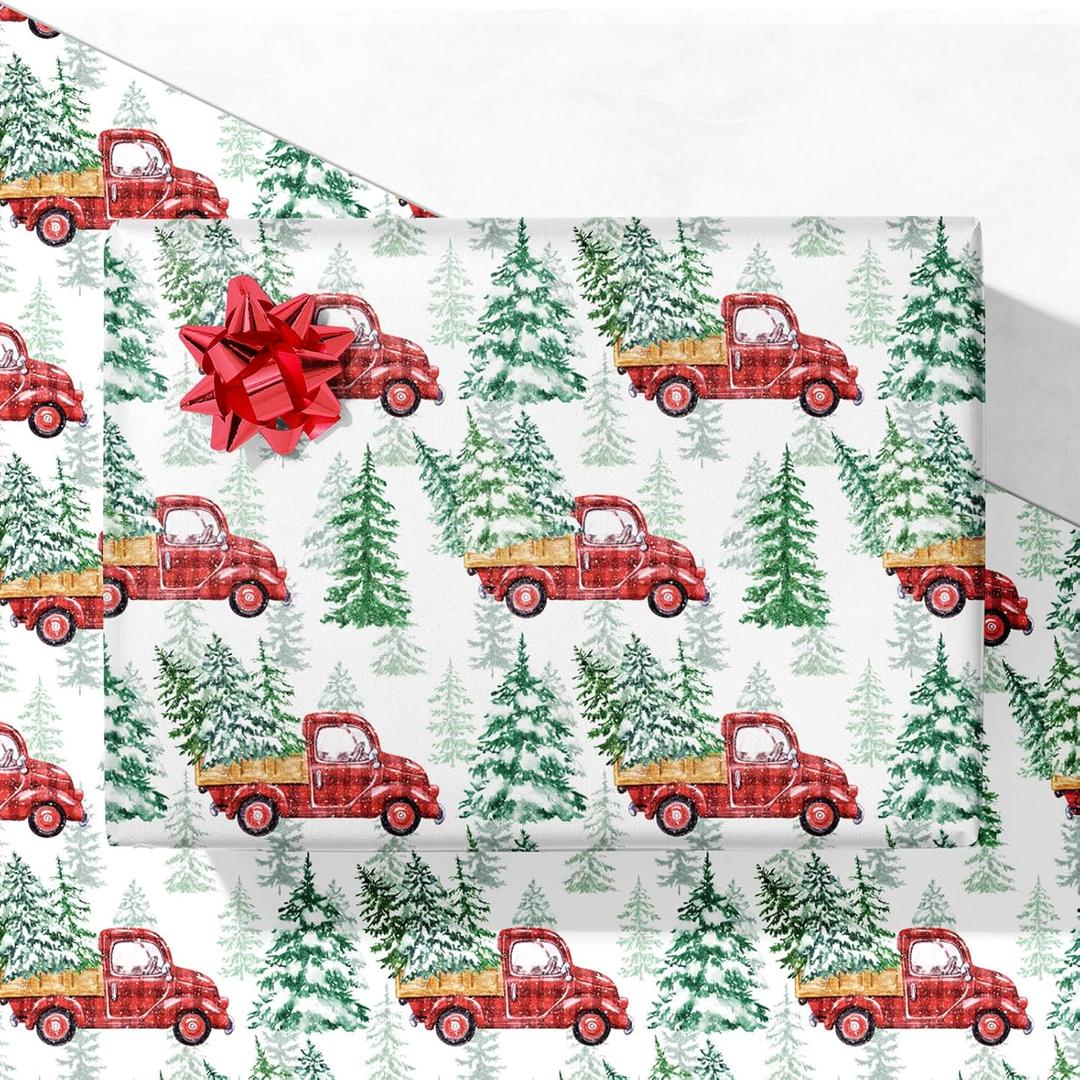 GIOLNIAY Red Truck Christmas Wrapping Paper for Kids Adults - Rustic Holiday Gift Wrap with Farmhouse Trees and Winter Forest Design - 4 Jumbo Sheets, 28" x 40" Each (31 sq. ft ttl), Easy to Store