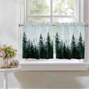 Pine Tree Forest Kitchen Curtain 24 Inch Length Small Short Cafe Tiers Curtains Drape, 2 Panel Window Treatment Rod Pocket Drapery Panels Curtains, Green Landscape Nature Decor 55x24