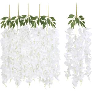 White Artificial Wisteria Hanging Flowers 5Pcs Realistic Fake Hanging Flowers 33" Silk Wisteria Vine Rattan for Wedding Arch Party Backdrop Home Wall Garden Outdoor Decorations (White)