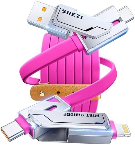 SHEZI 4-in-1 USB C Cable 60W 5FT Lightn-ing Cable Fast Charging [480Mbps Data Transfer] Flat Thick Silicone for iPhone/ iPad Charger Cord, Multi Charge Wire Combo with Lightn-ing/ USB C/ USB A Port, Pink