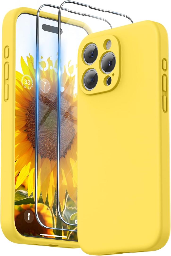 SURPHY Designed for iPhone 15 Pro Max Case with Screen Protector and Lanyard, Phone Strap and Liquid Silicone Phone Case (Camera Protective & Soft Microfiber Lining) 6.7 inch 2023, Sunshine
