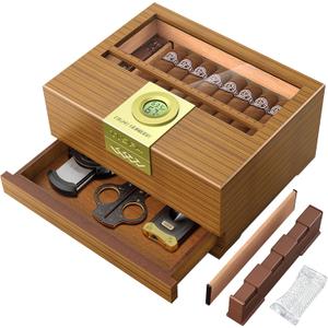 TISFA Cigar Box Handcrafted Humidor with Hygrometer and Humidifier, Cedar Wooden Humidor Case with Drawer, Divider, Cigar Length Gauge, Desktop Humidor Box Gifts Cigar Accessories (Light)