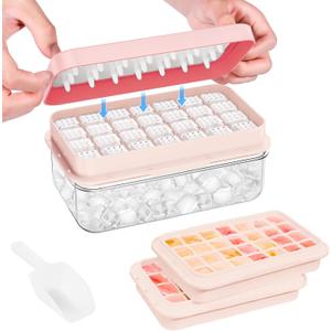 PHINOX Ice Cube Tray with Lid and Bin, Ice Trays for Freezer, Flexible Ice Cube Trays, Making 56 pcs Ice Cubes, Chilling Cocktail, Whiskey, Coffee, with 2 trays, Ice Container, Scoop&Cover, BPA Free (0.8"-2tier, Pink)