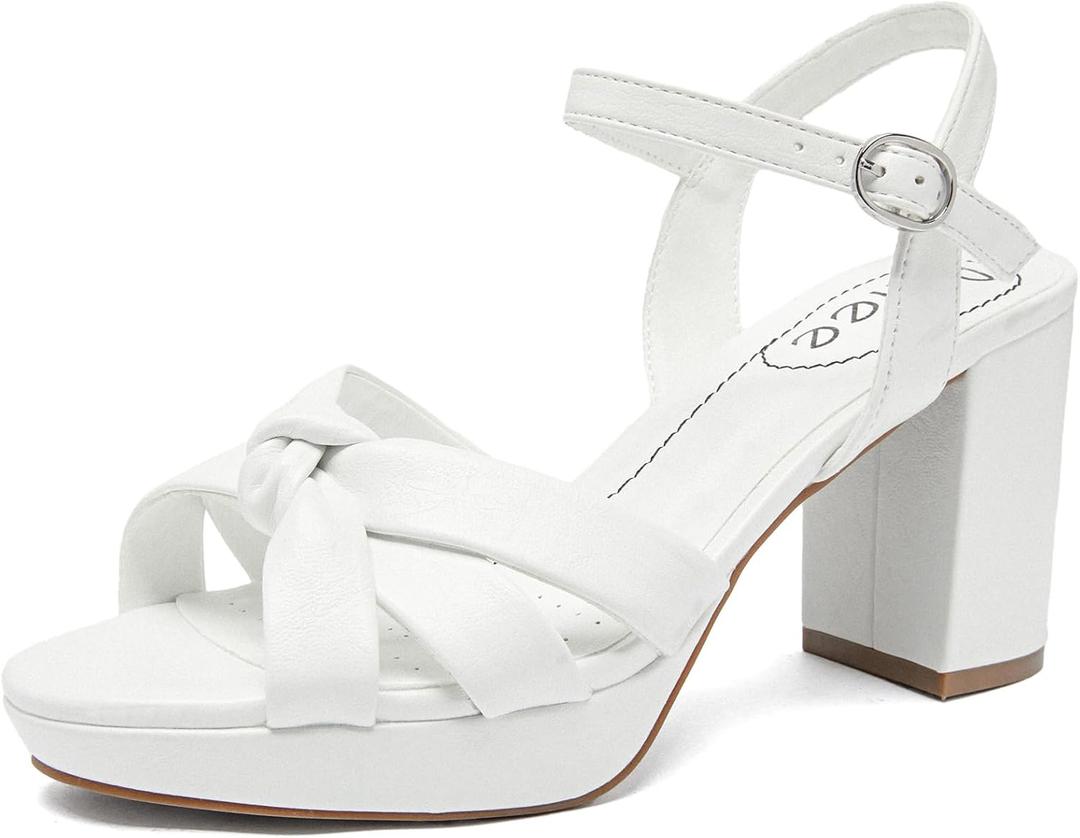Women's Platform Heels Chunky Heeled Sandals, Ankle Strappy Round Open Toe Dressy Shoes Wedding Party High Pump Heels for Women. (9.5, White 086)