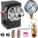 Dreyoo Air Compressor Pressure Switch 90-120 4-Port 20 Amp with 0-200 PSI Gauge, 200 PSI Safety Relief Valve, with Plug & Fitting Kit, 1/4" NPT Replacement Pressure Switch Parts for Air Compressor