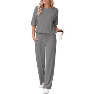 AOHITE Womens 2 Piece Outfits Lounge Sets Short Sleeve Pullover Tops Elastic Wide Leg Pants Set Sweatsuits Tracksuit (Brown, M)