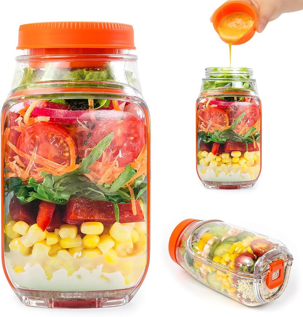 Salad To Go Food Container Durable Food Grade Salad Jar with Side Opening Anti-Sogging Food Containers for Lunch, Meal Prepping Non-BPA Dishwasher and Microwave Safe Tritan (Red)