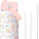 Fimibuke Kids Insulated Water Bottle, 14oz BPA FREE 18/8 Stainless Steel Travel Tumbler Double Wall Vacuum Leak Proof Kids Cup with Straw Metal Water Bottle for School Boys Girls(1 Pack, Rainbow)
