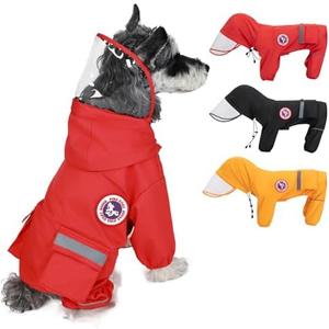PINA Raincoat for Dogs - Waterproof Jacket With Hood, Lightweight With Leash Hole, Poncho With Reflective Strap and Pocket, Full Wrap Design for Wet Weather Protection, Red, S