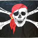 3x5 Pirate Flag Jolly Roger with Red Bandana and with Crossed Bones, Made with 100% Polyester Fabric, Double Stitched Edges, and Two Resilient Brass Grommets, Pirate Flag Skull