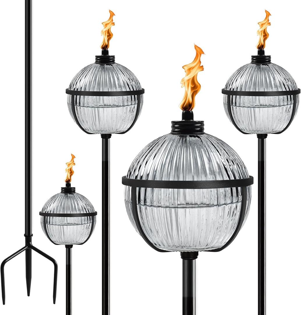 Citronella Torches Set of 4, Large Capacity 16 oz Outdoor Glass Torch Garden Dcor58.6 - Inch Upgraded Citronella Torches with 3-Prong Grounded Stake for Yard, Patio, Gatherin