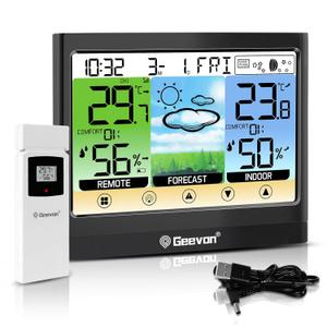 Geevon Weather Station Wireless Indoor Outdoor Thermometer Hygrometer with Dew Point, Heat Index, Touch LCD Display Digital Weather Thermometer with Alarm Clock and Adjustable Backlight