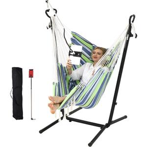 ZEYU Hammock Chair with Stand Double Hammock Chair Bohemian Style with Tassel Mobile Phone Support Manual Adjustable Swing Indoor and Outdoor Garden Porch with Floor mat Reclining Capacity 400 pounds