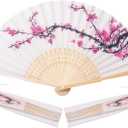 Sepwedd 50pcs Plum Blossom Design Imitated Silk Fabric Fan Bamboo Folded Hand Fan Bridal Dancing Props Church Wedding party favors with Organza Bags