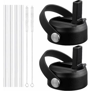Straw Lid for Hydro Flask Wide Mouth Water Bottles, Top Lids with Straw Compatible with Hydro Flask 32 40 oz, Replacement Cap Wide Mouth Accessories Flip Lid Flex Handle (Black - 2 Pack)